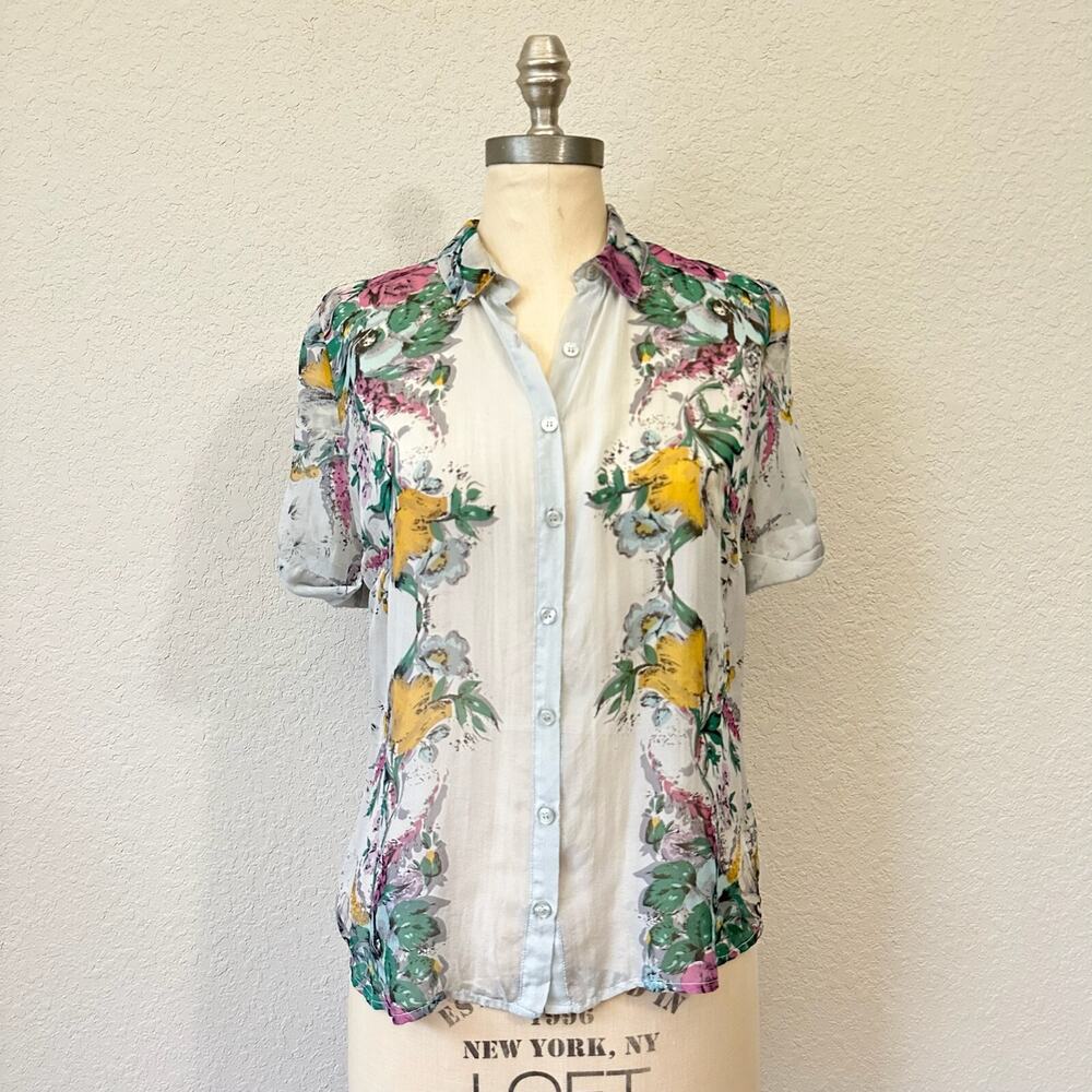 JOHNNY WAS 4 LOVE AND LIBERTY Shirt Multi Floral Silk Button Up Sheer